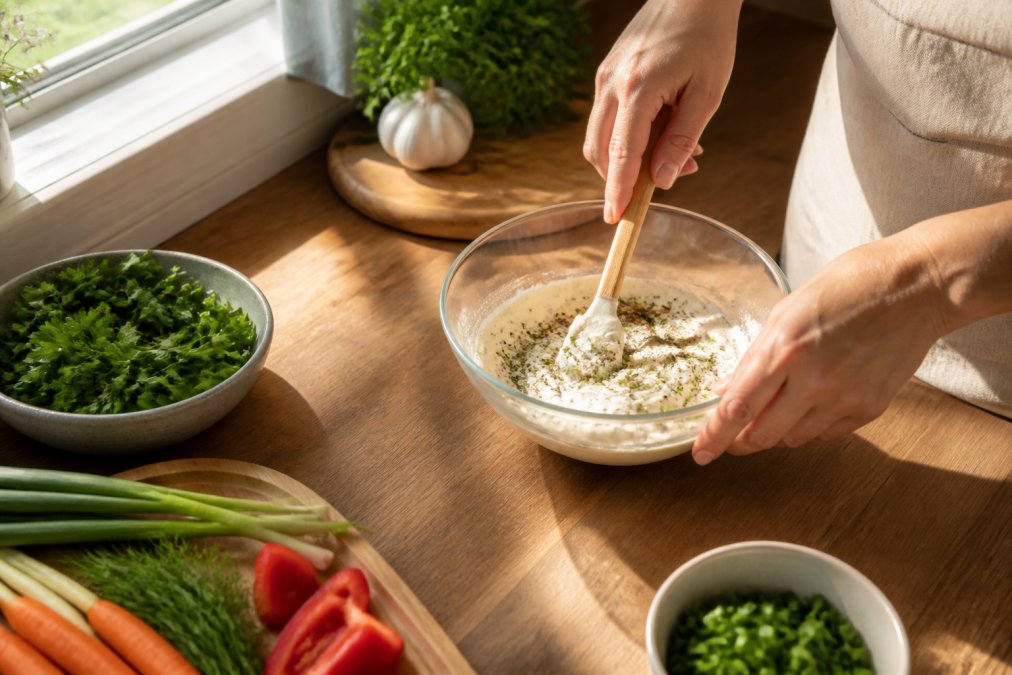 Overhead view of a kitchen counter with a Twisted Pepper Co. seasoning packet, fresh sour cream in a mixing bowl, and hands stirring ingredients together, with natural sunlight streaming through a window