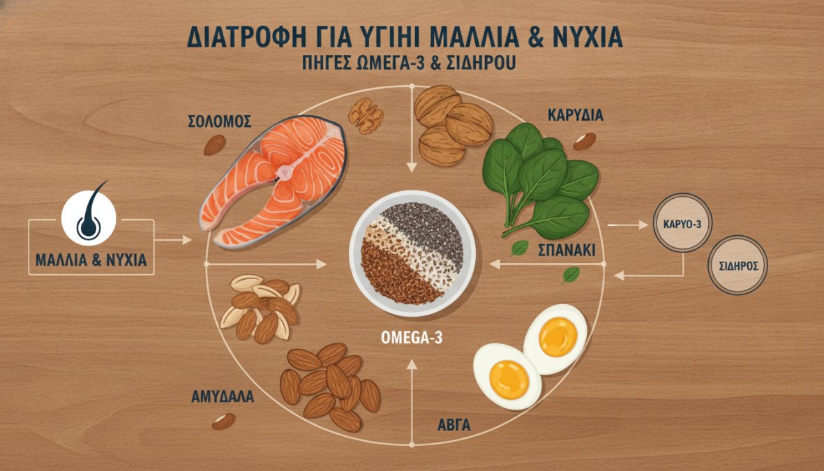 Overhead shot of a wooden table with foods rich in omega-3 and iron: a fresh salmon fillet, a small bowl of walnuts, a bunch of fresh spinach, two eggs, and a handful of almonds arranged naturally under warm natural light