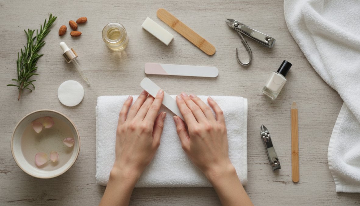 Close-up of well-manicured hands applying a clear nail strengthener with a small brush, a nail file and a small amber bottle of natural oil placed on a clean white marble surface, soft daylight from the side