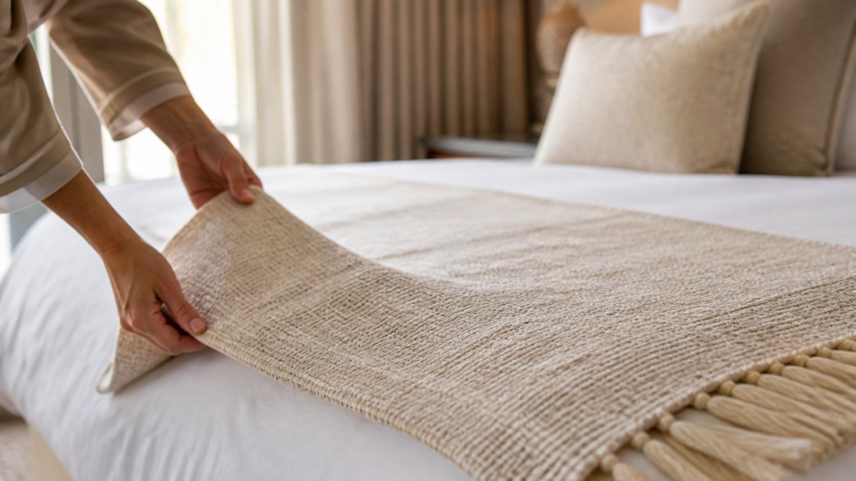 Hände prüfen die Qualität von einem hochwertigen Bettläufer aus handgewebte Textilien in einer eleganten Hotelsuite.