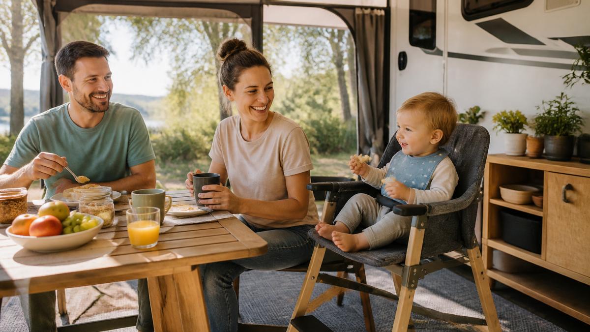 Kleinkind sitzt in einem Campinghochstuhl beim Frühstück im gemütlichen Vorzelt eines Wohnmobils.