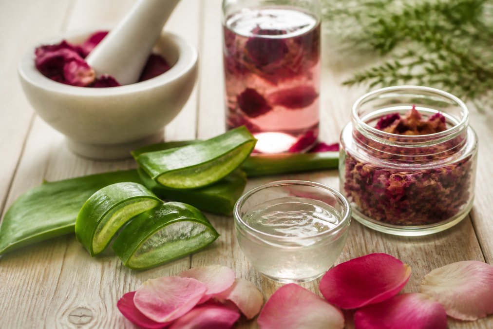 Close-up of natural cosmetic ingredients including aloe vera leaves, rose petals, and botanical extracts arranged on a light wooden surface with soft natural lighting