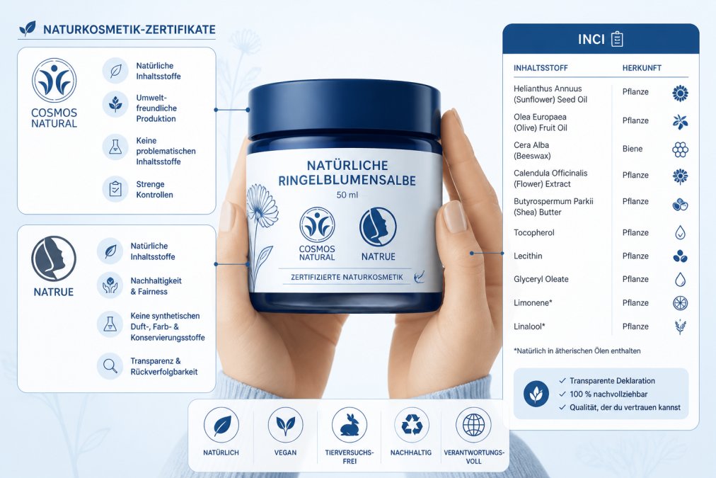 Hands holding a natural cosmetic product with visible COSMOS and NATRUE certification seals and detailed INCI label, showing transparency and ingredient information on a light background