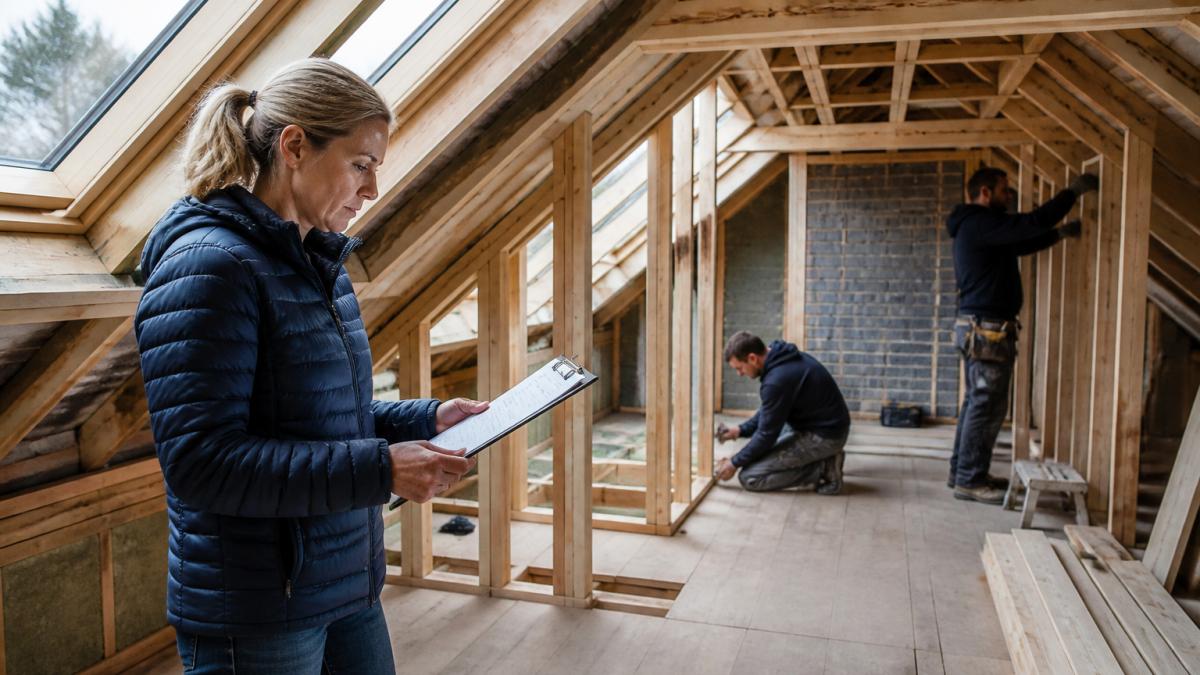 A homeowner standing in a half-finished loft conversion, looking at a clipboard with a schedule while builders work on timber framing in the background, natural daylight through a roof window