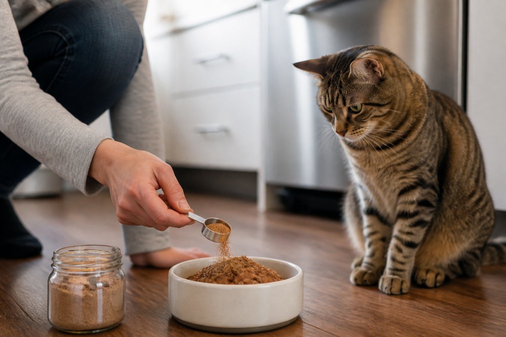 Professional illustration showing cat and owner and sprinkling concepts for freeze dried cat treats