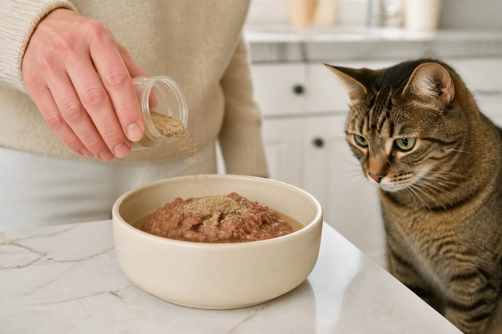 Professional illustration showing cat and owner and sprinkling concepts for freeze dried cat treats