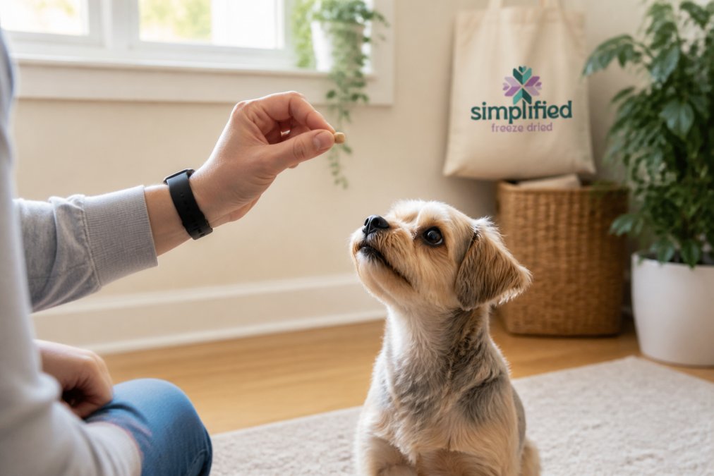 A close-up of a person's hand holding a small kibble-sized freeze-dried treat, offering it to an attentive small dog during a training session in a bright home setting