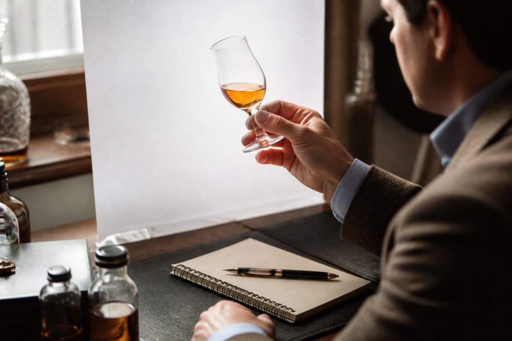 Professional holding a tulip-shaped whisky glass with amber liquid up to natural light, examining color against a white background, with tasting notes written on a notepad beside it
