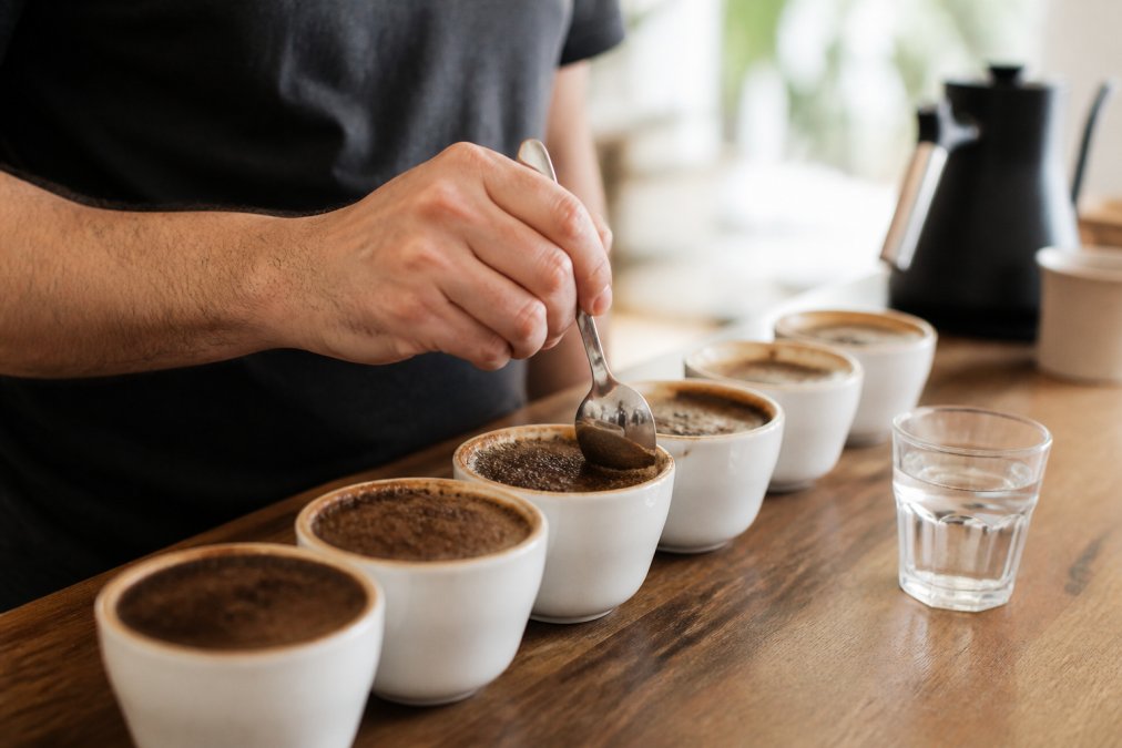 A person gently breaking the crust of coffee grounds with a spoon during a home cupping session, with multiple small cups arranged on a wooden table in warm natural light