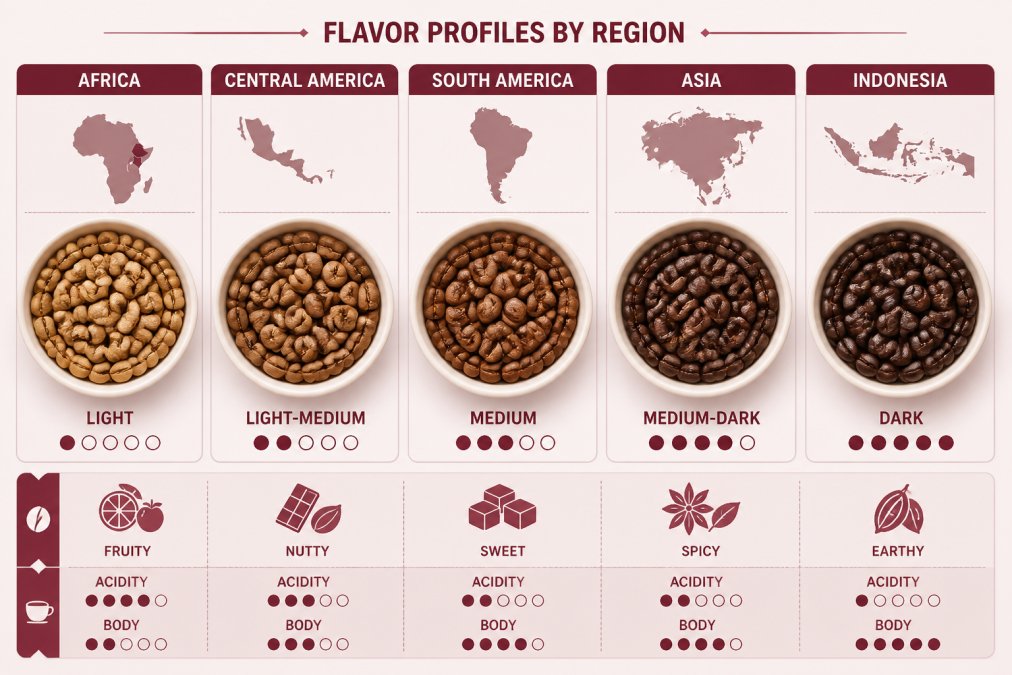 Close-up of single origin coffee beans from different regions displayed side by side, showing distinct color variations from light tan to deep brown, with a white cupping bowl and tasting spoon in soft natural light