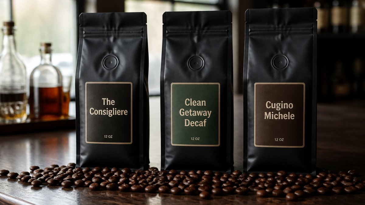 Three black 12 oz coffee bags labeled The Consigliere, Clean Getaway Decaf, and Cugino Michele lined up on a dark wooden counter, whole coffee beans scattered in front, soft window light behind