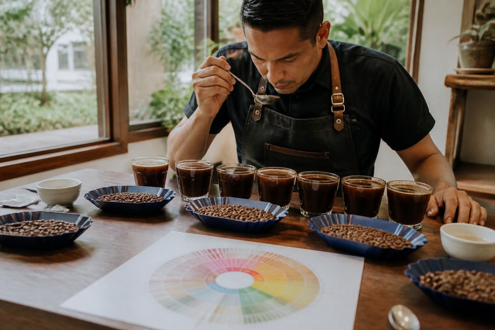 Infographic showing the process of evaluating single origin coffee flavor profiles using tasting cups and a wheel.