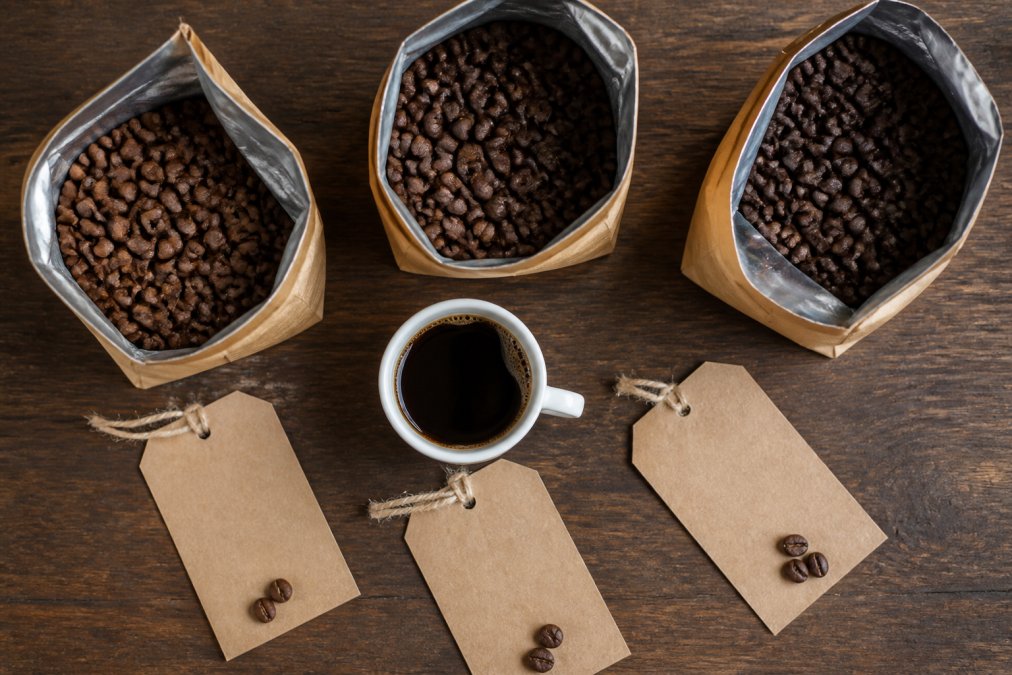 Overhead view of three open bags of single origin coffee beans from different regions, Latin American, African, and Asian, arranged with tasting notes cards and a small white cup of brewed coffee between them