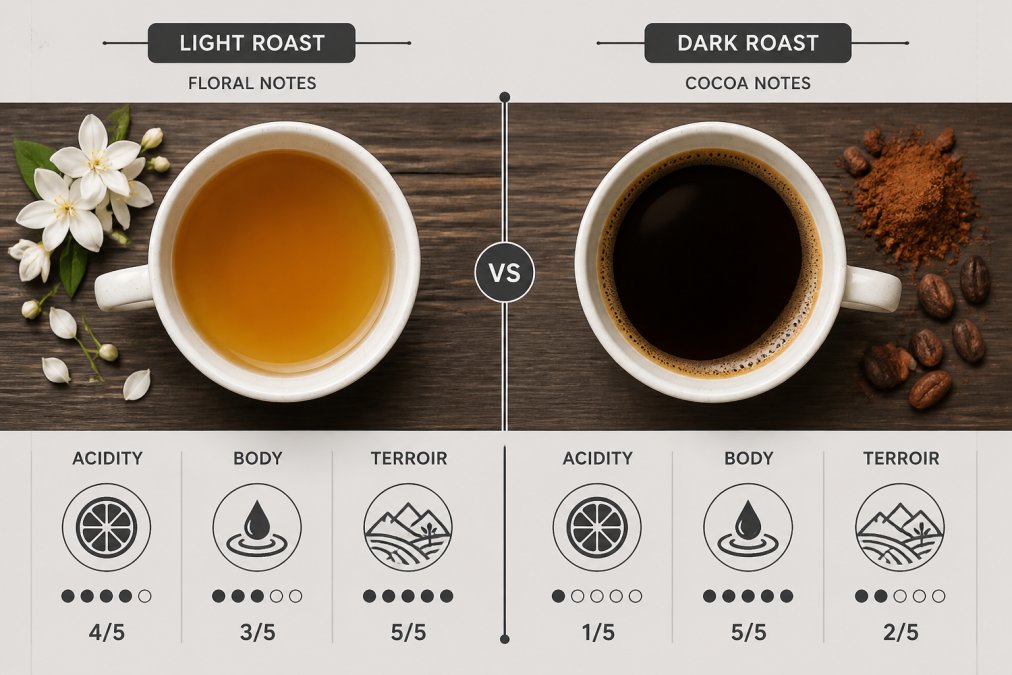 Comparison of light and dark single origin coffee showing color, acidity, and body variations