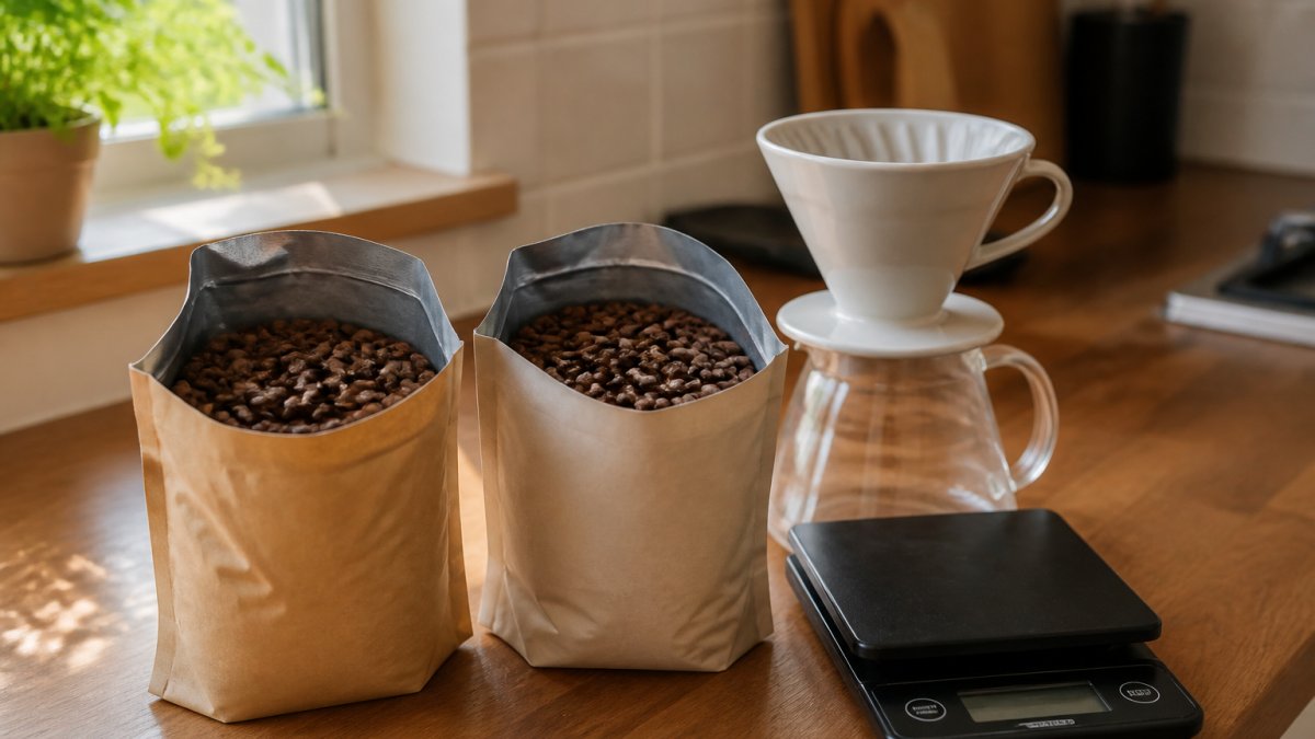 A home kitchen counter with two open bags of coffee beans side by side, one labelled single origin and one labelled blend, next to a pour-over dripper and a set of digital scales, morning light through a window
