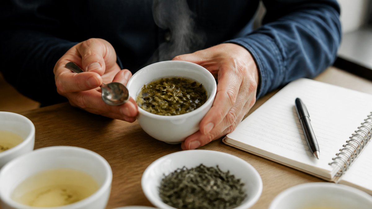 Close-up of hands holding a white ceramic cupping bowl with loose leaf tea, steam rising, tasting spoon and notebook with flavor notes on a wooden table