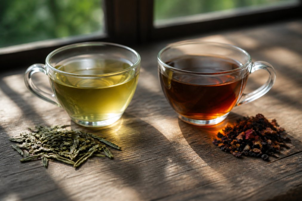 Two glass teacups on a rustic wooden table, one with loose green tea leaves scattered beside it and the other with dark amber blended tea, soft natural window light casting gentle shadows