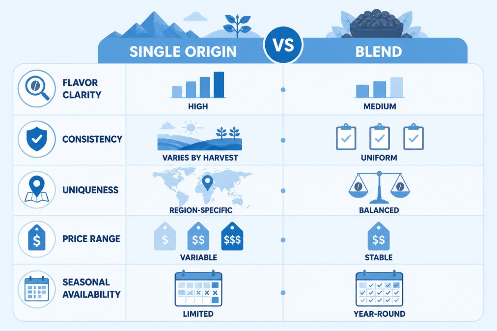 Comparison matrix showing single origin vs blend coffee across flavor, consistency, uniqueness, price, and seasons.