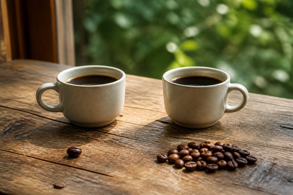 Two ceramic coffee cups on a rustic wooden table, one cup with a single dark roasted bean placed in front and the other with a small pile of mixed beans, soft natural window light casting gentle shadows