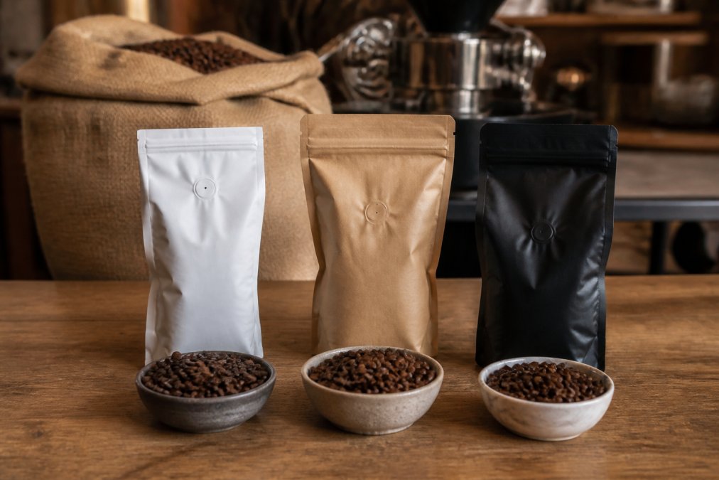 A split composition showing a single bag of whole bean coffee next to two different bags of blended beans on a wooden counter, with a burlap sack in the background