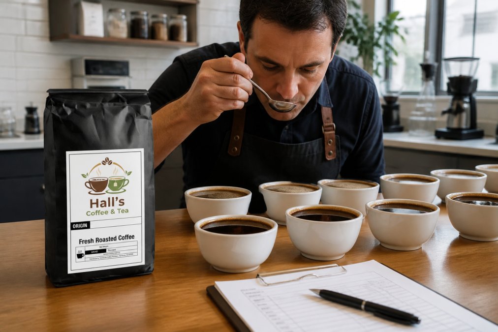 Coffee cupper evaluating brew in professional cupping bowl with multiple samples, using standardized tasting spoon and evaluation form in specialty coffee lab setting