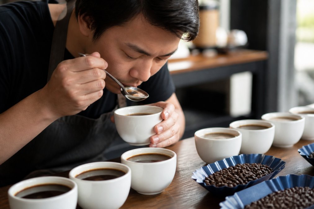 Close-up of a person holding a white coffee cup, gently slurping coffee from a spoon during a cupping session, with several small cups of coffee and scattered coffee beans on a wooden table