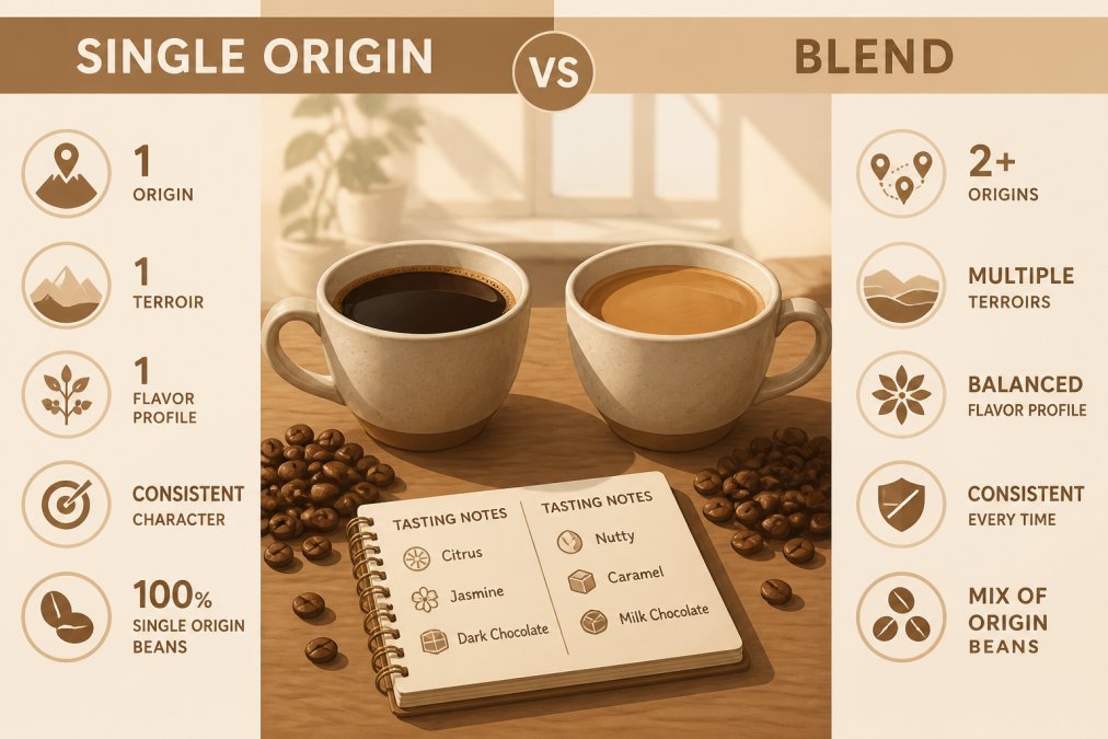 Two ceramic cups side by side on a wooden table, one holding dark black coffee and the other a lighter roast, scattered whole coffee beans and a small notepad with handwritten tasting notes, soft morning window light
