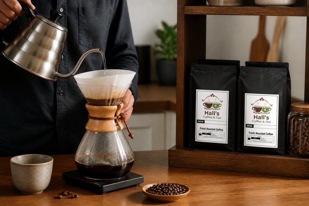 Home barista pouring hot water over coffee grounds in Chemex pour-over with whole beans from Hall's Coffee & Tea visible in opened bags on wooden shelf beside brewing station