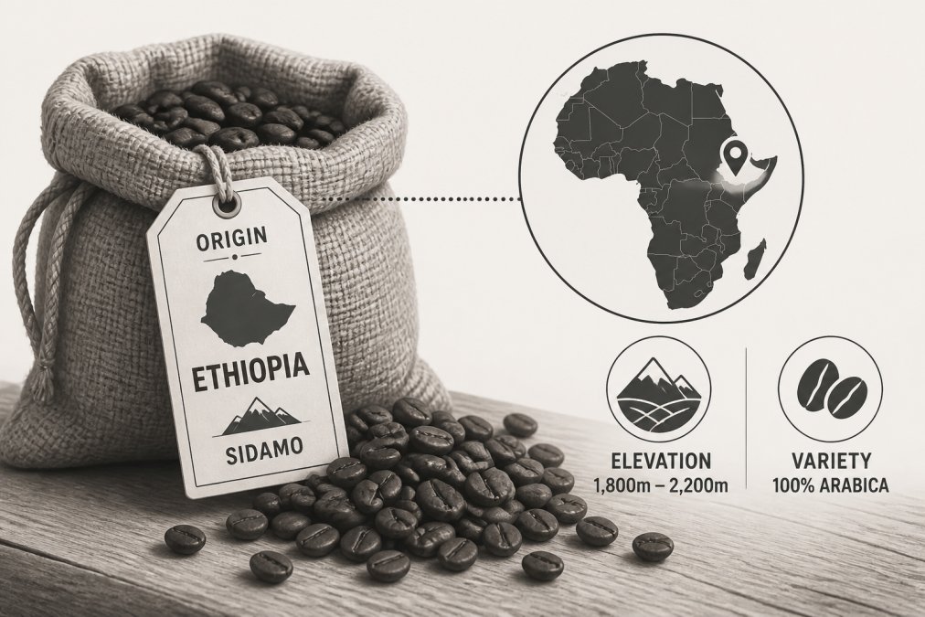Close-up of a single burlap coffee bag with a country-of-origin tag resting on a wooden table, with whole arabica coffee beans spilling out beside it