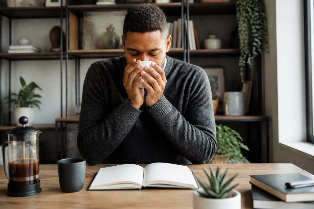 Person cupping both hands around a white ceramic coffee mug, eyes closed, inhaling the aroma in a cozy, well-lit home office setting with an open book nearby