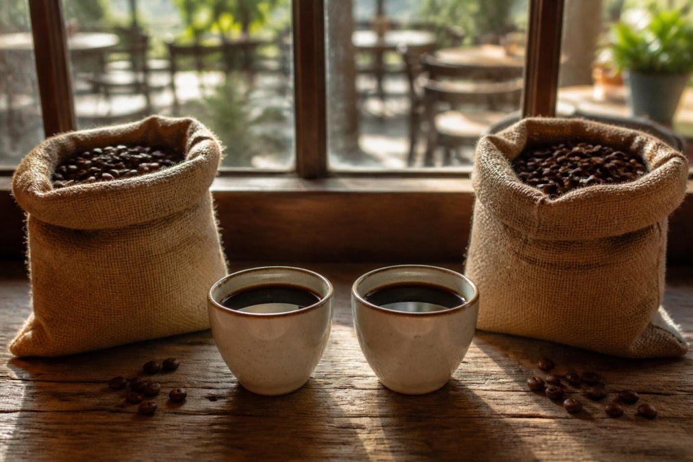Two ceramic cups of freshly brewed coffee on a rustic wooden table, one beside a burlap bag labeled with a single farm name and the other beside a bag labeled as a blend, warm morning light streaming through a cafe window