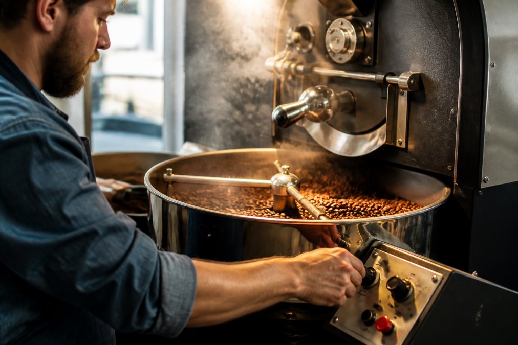 Close-up of freshly roasted coffee beans tumbling inside a drum roaster, warm amber light, steam rising, roaster's hand adjusting the temperature dial in the foreground