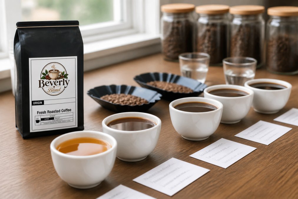 Close-up of coffee cupping session with multiple white ceramic cups containing coffees of varying colors, from light amber to deep brown, with handwritten tasting notes on cards beside each cup, natural window lighting