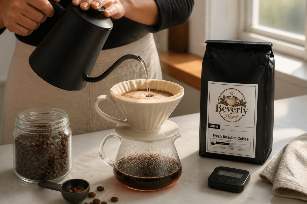Hands pouring hot water from a gooseneck kettle over single origin coffee grounds in a ceramic pour-over dripper, with fresh whole beans visible in a glass jar and a digital timer showing on the counter beside the dripper, warm morning light from a window