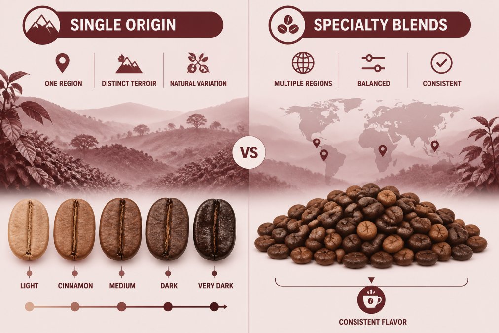 Close-up of coffee beans from different origins displayed side by side, showing distinct color variations from light tan to dark brown, with a misty coffee farm landscape in soft focus background