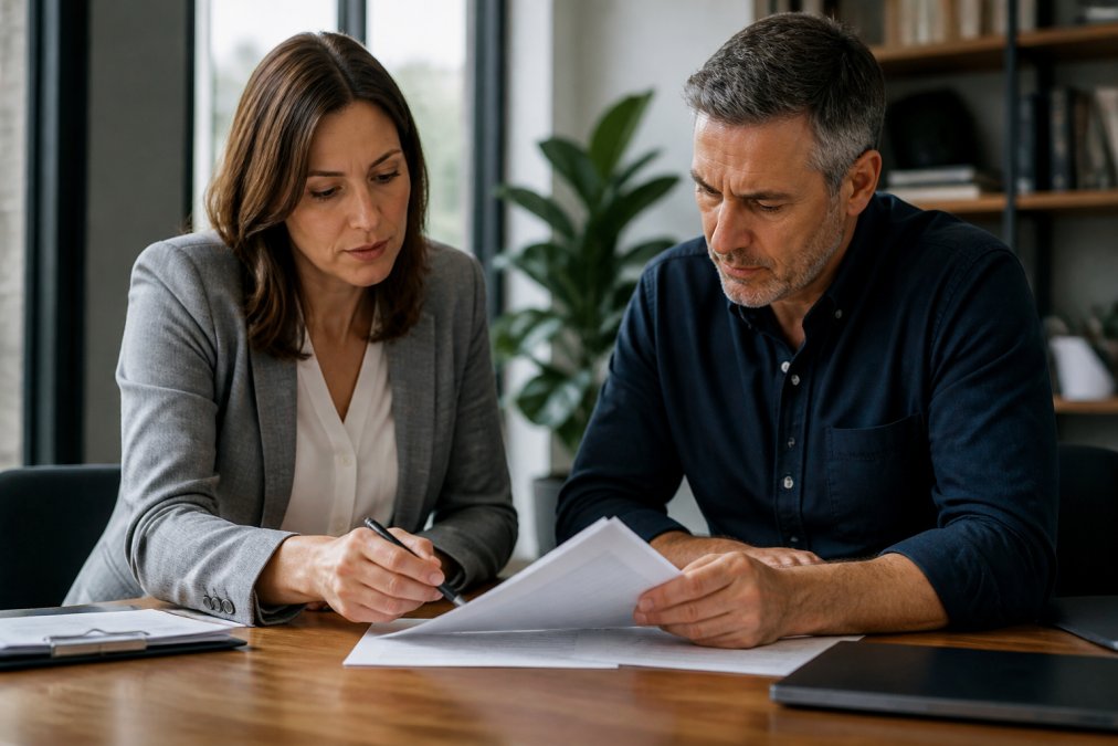 Business owner sitting at desk with insurance broker, reviewing policy documents together in professional office setting with natural lighting, both focused on paperwork
