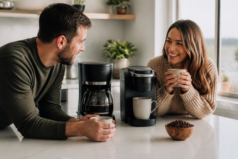 A kitchen countertop with a drip coffee maker carafe half full of coffee next to a single-serve pod brewer, a ceramic mug, and a small bowl of whole coffee beans in soft morning light