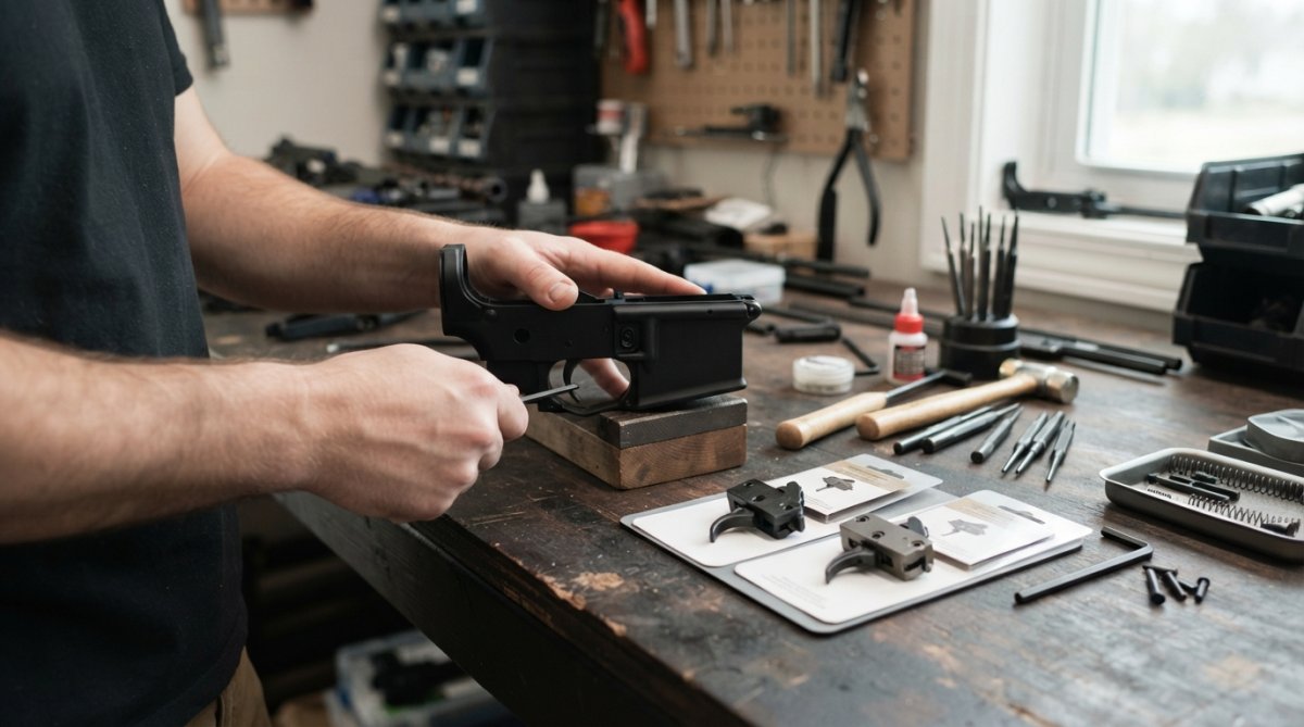 A shooter's hands holding an AR-15 lower receiver on a workbench, with a drop-in trigger module and tools laid out nearby in a home workshop setting