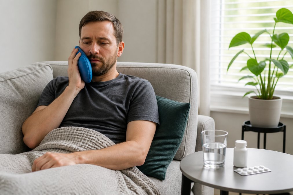 Patient at home resting comfortably on a sofa with an ice pack applied to their cheek, with prescribed medication and water on a nearby table, in natural daylight