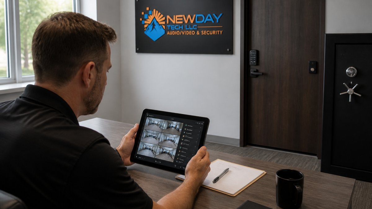 Property manager viewing multiple security camera feeds and network status on a tablet control panel in a modern office setting with natural window lighting