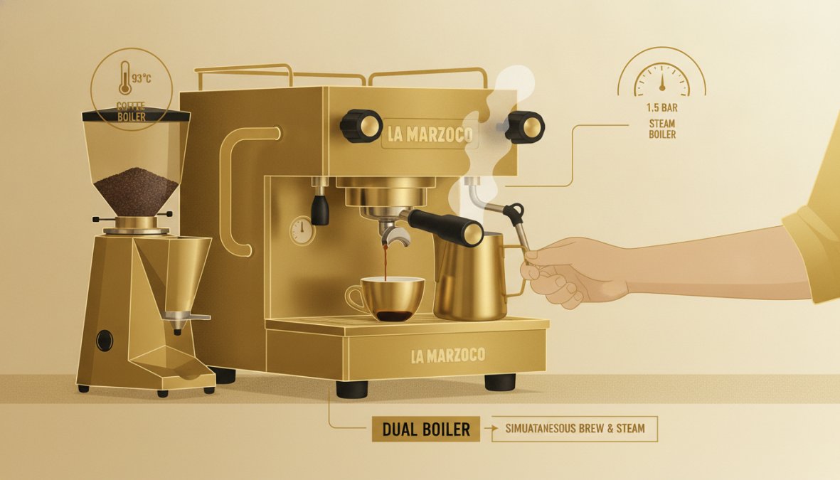 Close-up of a dual boiler espresso machine with steam wand actively frothing milk whilst a portafilter sits in the group head, showing professional home setup with stainless steel components