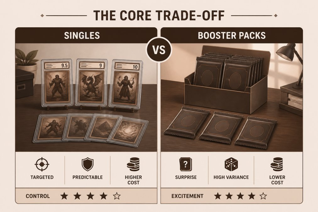 Collector's desk displaying both individual graded trading cards in protective sleeves and sealed booster packs arranged side by side, showing the contrast between singles and factory sealed product in natural office lighting