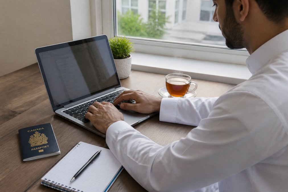 Personne utilisant son ordinateur pour l'inscription hajj avec un passeport canadien et un thé sur son bureau