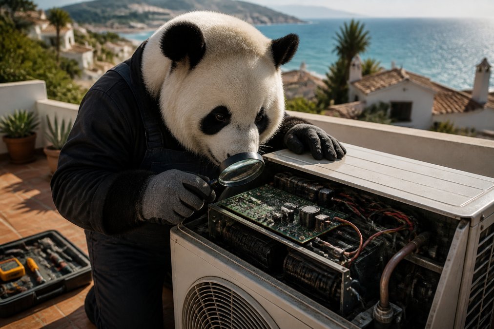 Un oso panda con mono de trabajo examina con una lupa la placa electrónica de un aire acondicionado abierto, en una terraza costera con el mar al fondo
