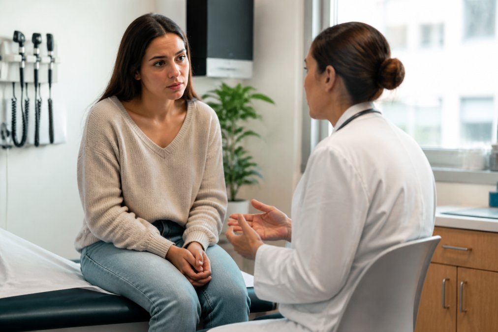 Mujer joven en consultorio médico hablando con una doctora durante consulta de salud reproductiva, con iluminación natural y ambiente profesional