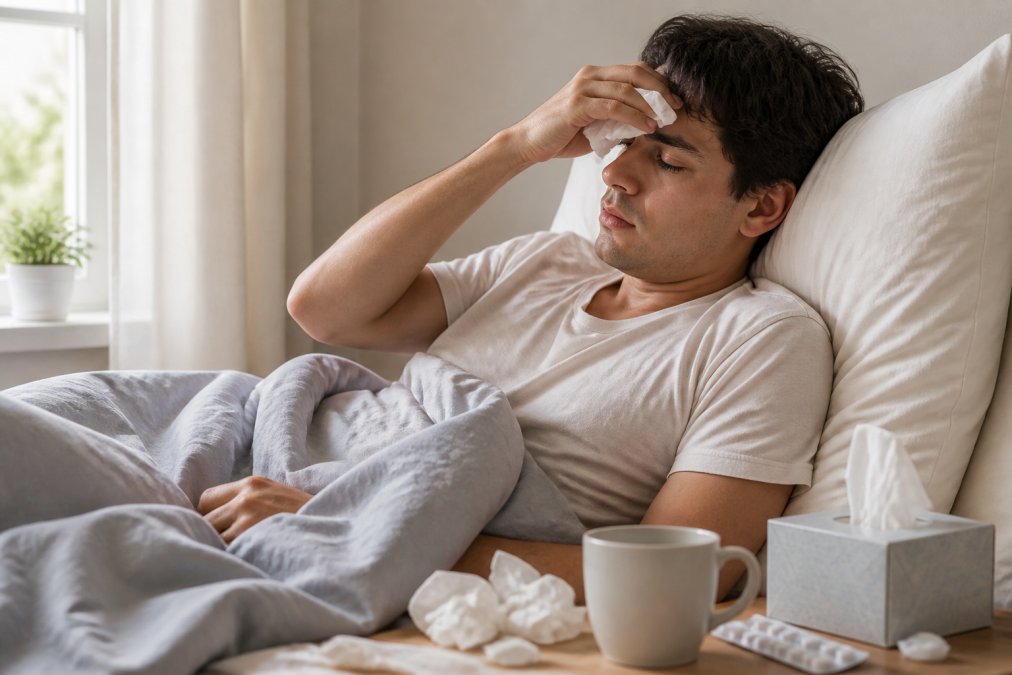 Persona joven descansando en cama con expresión de malestar, rodeada de pañuelos y una taza de té caliente, luz natural suave entrando por la ventana