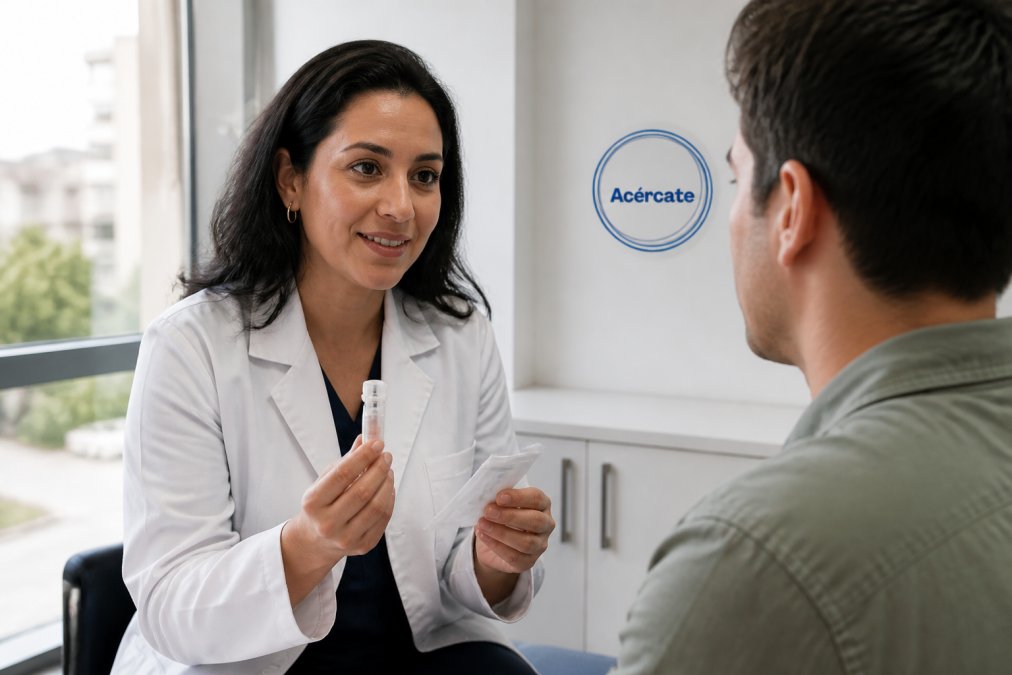 Profesional de salud en bata blanca con expresión confiable y accesible, sosteniendo materiales de prueba en una clínica moderna y limpia, con luz natural