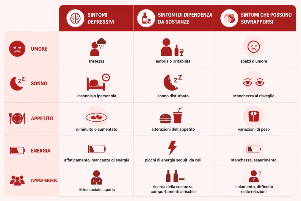 Matrice comparativa che mette in relazione i sintomi depressione con i segni tipici della dipendenza da sostanze.