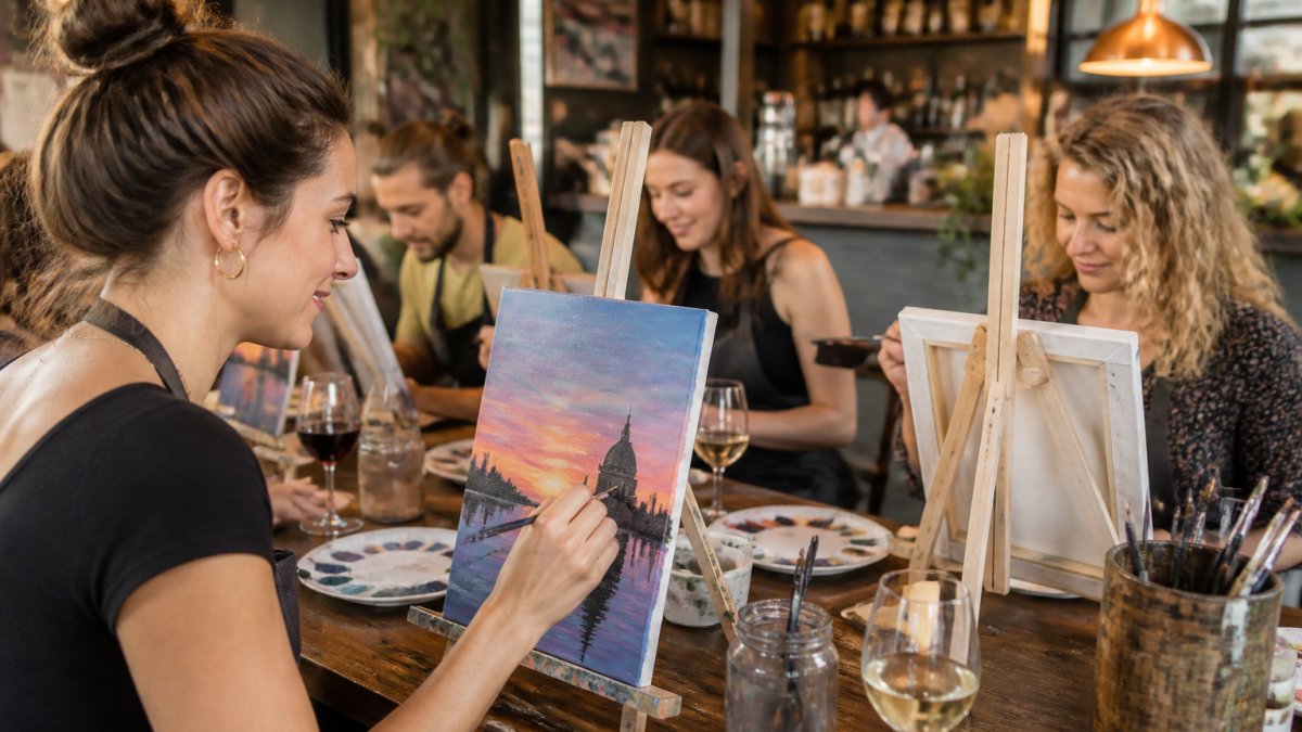 Small group of adults sitting at tables with canvases, paints, and brushes in front of them, relaxed creative atmosphere with drinks visible in background, warm studio lighting
