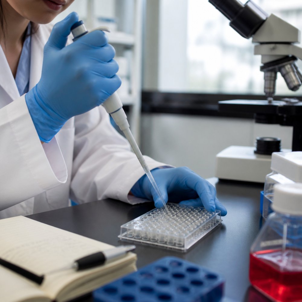 A researcher in a laboratory using a micropipette to transfer samples into a multi-well plate, with a microscope and notebook visible nearby
